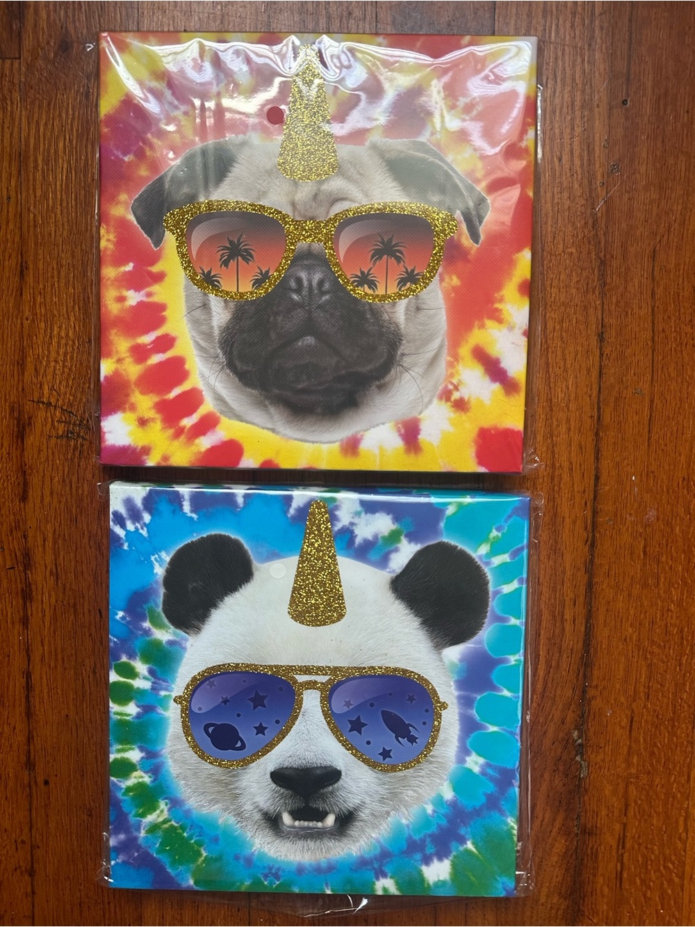 (2)Tie Die Canvas Wall Hangings Glitter Unicorn Horn Sunglasses Panda & Dog New